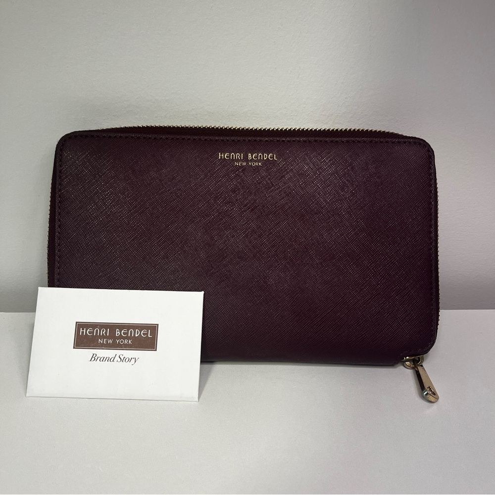 Henri Bendel West 57th Zip Around Continental Wallet Port Brown Saffiano Leather